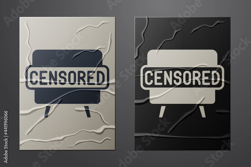 White Censored stamp icon isolated on crumpled paper background. Paper art style. Vector