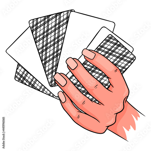 Gambling. Playing cards in hand. Casino, luck, fortuna. Six cards face down.