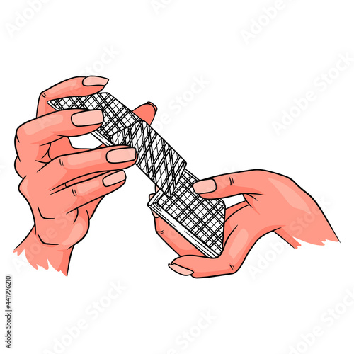 Gambling. Playing cards in hand. Casino, luck, fortuna. Shuffle cards.