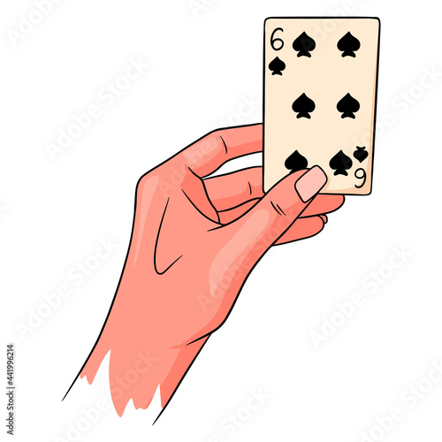 Gambling. Playing card in hand. Casino, luck, fortuna. Six of spades.