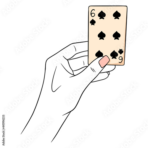 Gambling. Playing card in hand. Casino, luck, fortuna. Six of spades.
