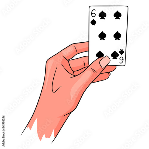 Gambling. Playing card in hand. Casino, luck, fortuna. Six of spades.