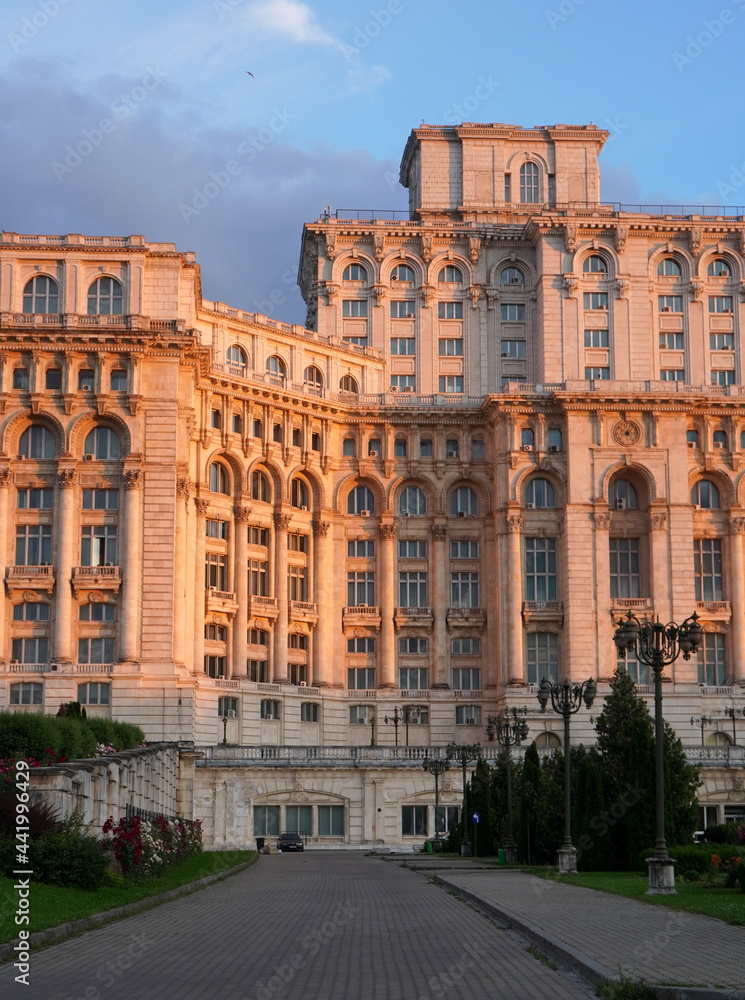 Part of Parliament building in sunset light in Bucharest, Romania. Administrative building constructed in the communist era, at present hosting the Parliament of Romania. 