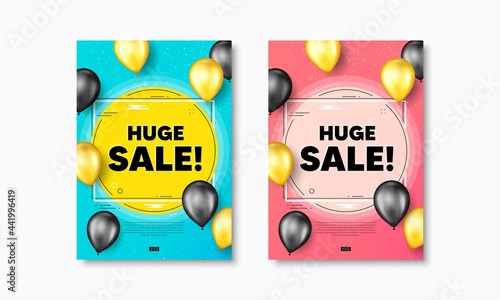 Huge Sale text. Flyer posters with realistic balloons cover. Special offer price sign. Advertising Discounts symbol. Huge sale text frame poster banners. Balloons cover. Vector