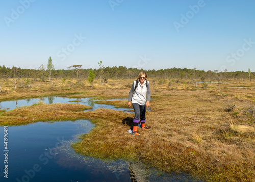 swamp landscape with blue sky and water, woman enjoys swamp landscape, hike with snowshoes in swamp, traditional swamp plants, mosses and trees, bog in summer