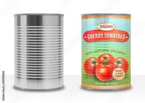 Realistic Detailed 3d Canned Cherry Tomatoes Empty Can and Label Set. Vector