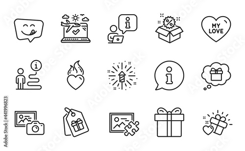 Fototapeta Naklejka Na Ścianę i Meble -  Holidays icons set. Included icon as Gift box, Fireworks explosion, Love gift signs. Heart flame, Sale, Yummy smile symbols. Airplane travel, Photo camera, Coupons. My love, Puzzle image. Vector