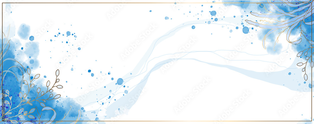 Luxurious golden wallpaper. Banner with white background and blue watercolor stains. Gold leaves wall art with shiny light texture. Modern art mural wallpaper. Vector illustration. Luxurious golden wallpaper. Banner with white background and blue watercolor stains. Gold leaves wall art with shiny light texture. Modern art mural wallpaper. Vector illustration.