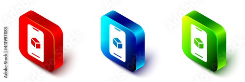 Isometric 3D printer software icon isolated on white background. 3d printing. Red, blue and green square button. Vector
