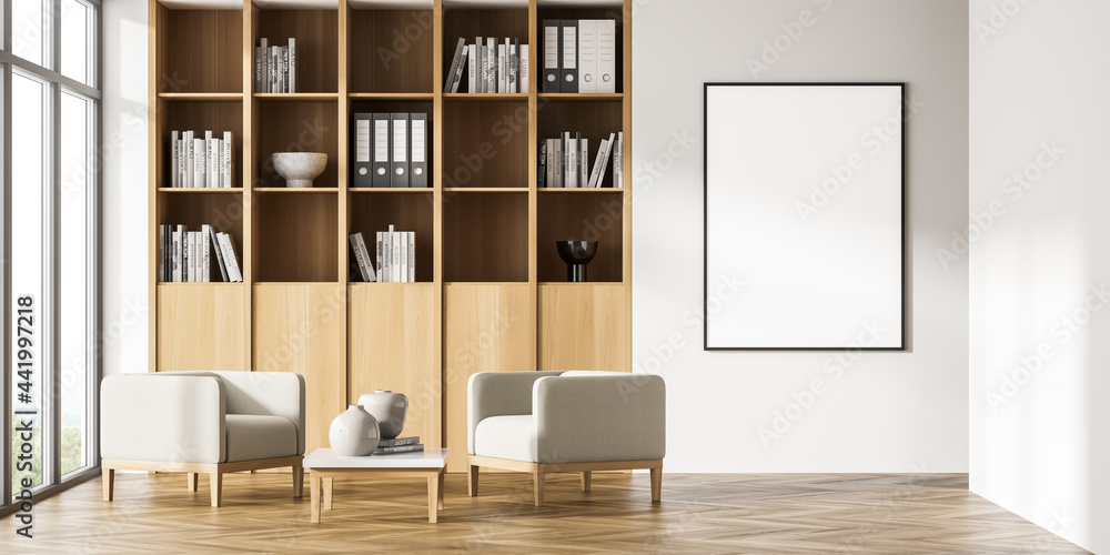 Poster with book cabinet, two armchairs, beige Poster with book cabinet, two armchairs, beige