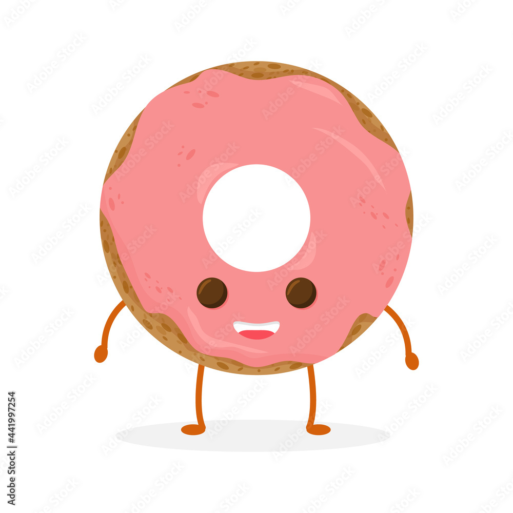 Obraz premium Funny donut character with glazing and sprinkles, cartoon style vector illustration isolated on white background. Cute smiley freshly donut character with eyes and legs
