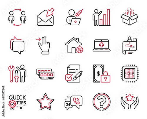 Vector Set of Technology icons related to Graph chart, Ram and Open box icons. Repairman, Vaccination appointment and Open mail signs. Star, Medical help and Journey path. Quick tips. Vector