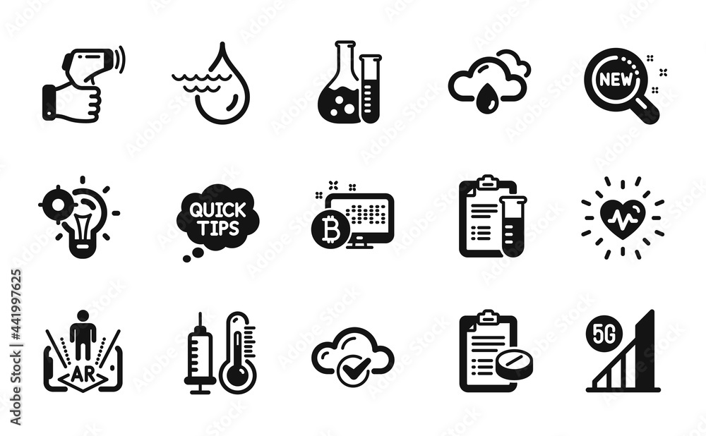Vector set of Medical analyzes, New products and Augmented reality icons simple set. Chemistry lab, Electronic thermometer and Medical prescription icons. Medical analyzes simple web symbol. Vector Vector set of Medical analyzes, New products and Augmented reality icons simple set. Chemistry lab, Electronic thermometer and Medical prescription icons. Medical analyzes simple web symbol. Vector