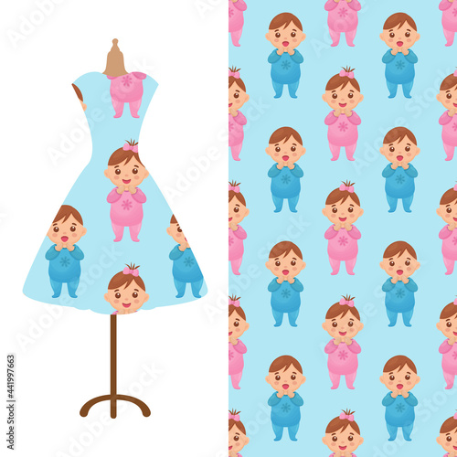 Womens long dress mock up with bright seamless hand drawn pattern for textile, paper print. 