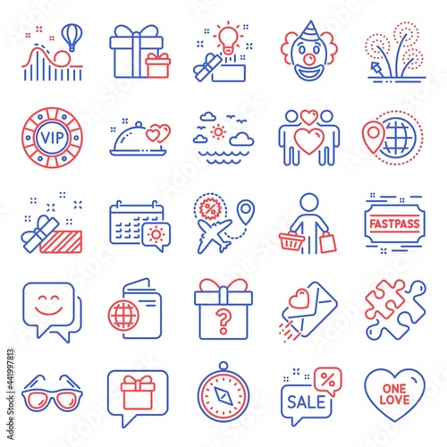 Holidays icons set. Included icon as Roller coaster, Buyer, Clown signs. Fastpass, Love letter, World travel symbols. Love couple, Travel calendar, Fireworks. Romantic dinner, Puzzle. Vector
