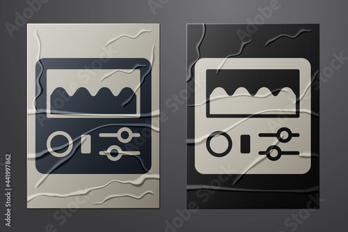 White Drum machine icon isolated on crumpled paper background. Musical equipment. Paper art style. Vector