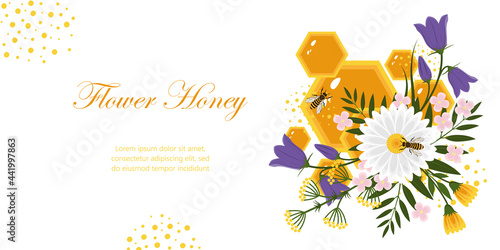 Horizontal banner with the image of flowers, bees, honeycomb. Design elements for banner, flyer. Vector image on a white background.