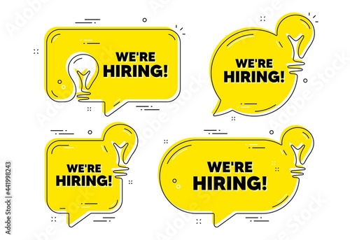 We are hiring text. Idea yellow chat bubbles. Recruitment agency sign. Hire employees symbol. Hiring chat message banners. Idea lightbulb balloons. Vector
