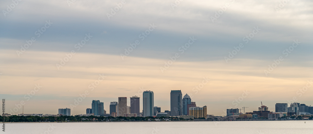 Panoramic View of Downtown Tampa Skyline with Clouds in the Sky