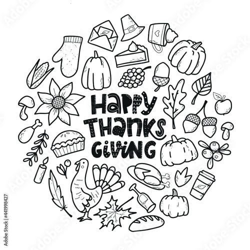set of hand drawn thanksgiving doodles and lettering quote for stickers, prints, invitations, cards, coloring pages, invitation templates, etc. EPS 10