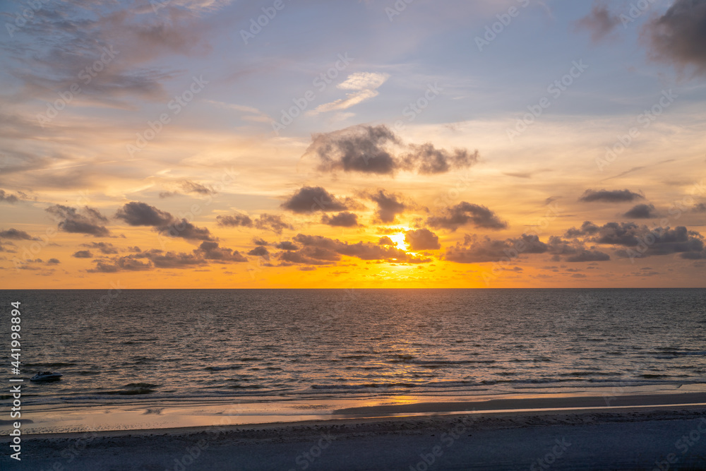 Wide Angle View of Cloudy Sunset Over Gulf of Mexico Waters