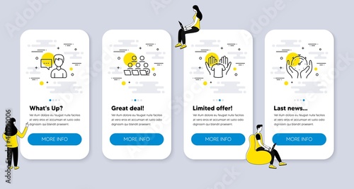 Set of People icons, such as Person talk, Hold t-shirt, Teamwork icons. UI phone app screens with people. Timer line symbols. Communication message, Laundry shirt, Remote work. Vector
