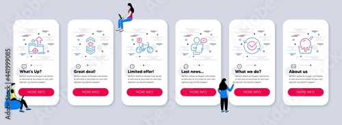 Set of Business icons, such as Seo devices, Shoulder strap, Bicycle parking icons. UI phone app screens with teamwork. Customer survey, Approved, Ice cream line symbols. Vector