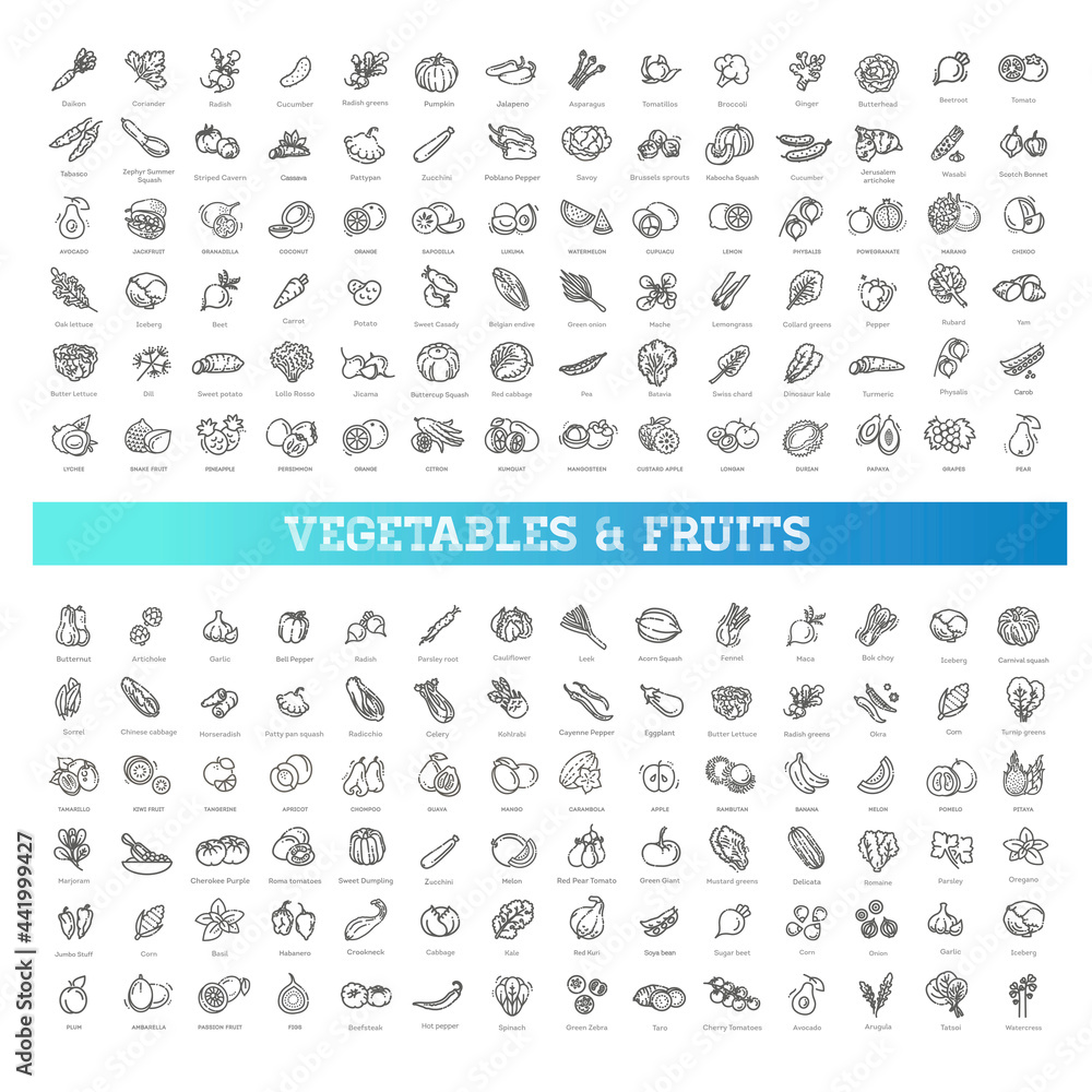 Fresh fruit and vegetables. Big icons set