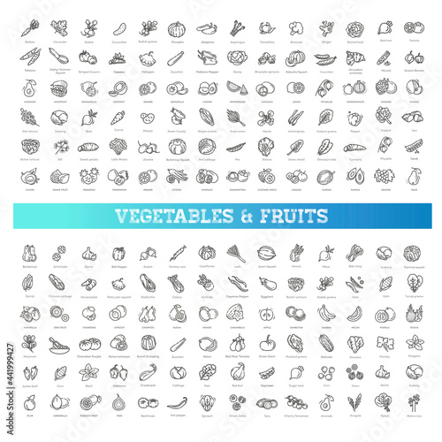 Fresh fruit and vegetables. Big icons set