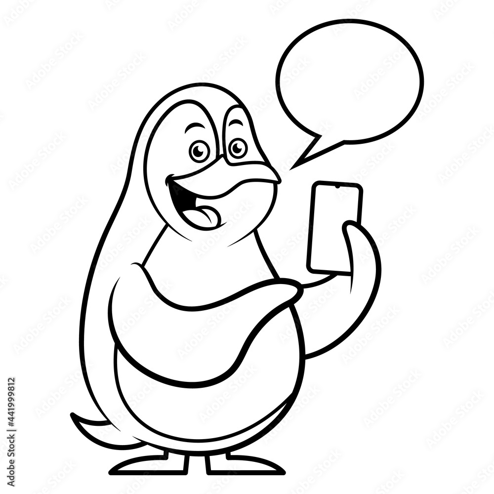 Black and white cartoon illustration of Penguin pointing hand to a smartphone with bubble chat, best for coloring book of children with technology themes Black and white cartoon illustration of Penguin pointing hand to a smartphone with bubble chat, best for coloring book of children with technology themes