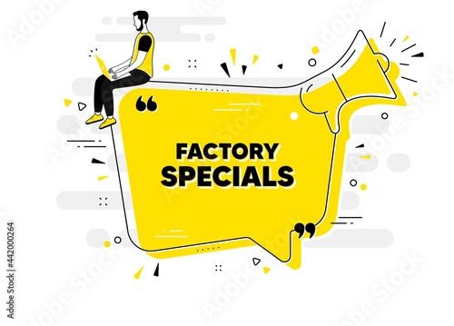 Factory specials text. Alert megaphone chat banner with user. Sale offer price sign. Advertising discounts symbol. Factory specials chat message loudspeaker. Alert megaphone people background. Vector