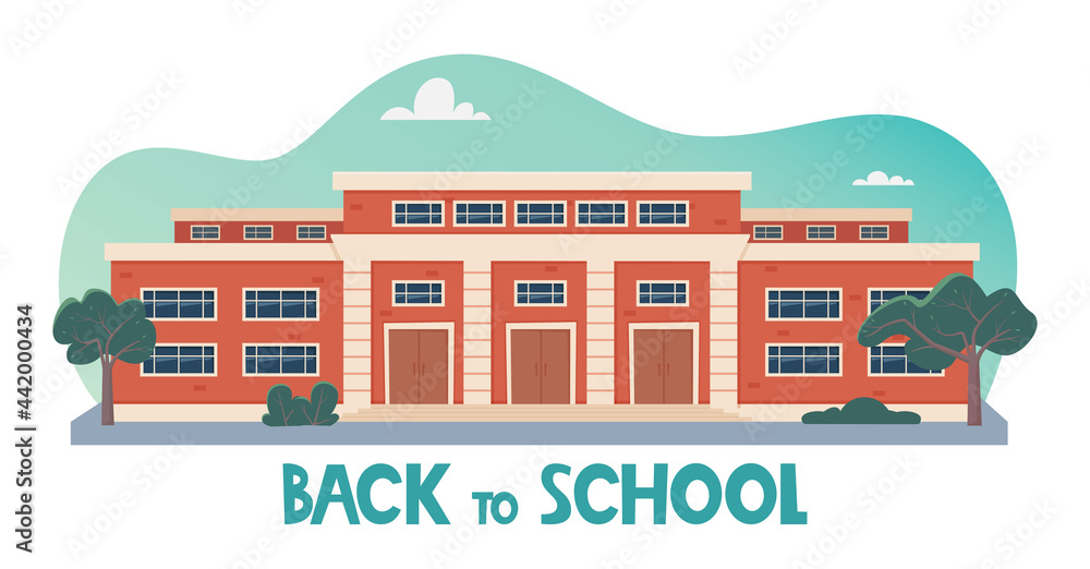 Back To School concept. Modern School Building Exterior. Facade of high school building with large windows. Design for flyer, banner, card. Vector illustration.