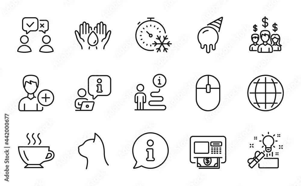 Fototapeta premium Business icons set. Included icon as Creative idea, Coffee, Globe signs. Safe water, Salary employees, Ice cream symbols. Add person, Pets care, People voting. Freezing timer, Atm. Vector