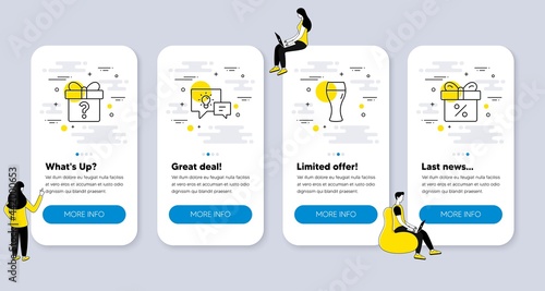 Set of line icons, such as Idea lamp, Secret gift, Beer glass icons. UI phone app screens with people. Discount offer line symbols. Business energy, Unknown package, Brewery beverage. Gift box. Vector
