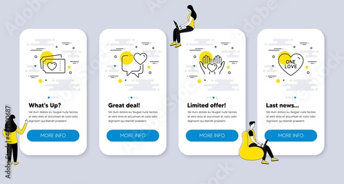 Set of Love icons, such as Hold heart, Heart, Love tickets icons. UI phone app screens with people. One love line symbols. Friendship, Valentine day. Phone UI banners. Hold heart line icon. Vector
