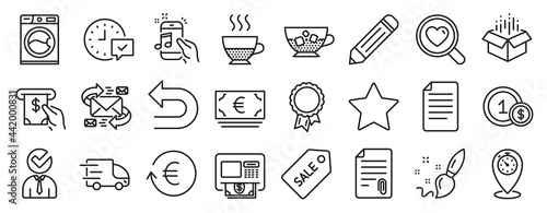 Set of line icons  such as Sale ticket  Atm  Music phone icons. Doppio  Star  Search love signs. Attachment  Euro currency  Truck delivery. Washing machine  File  Cold coffee. Timer  Undo. Vector