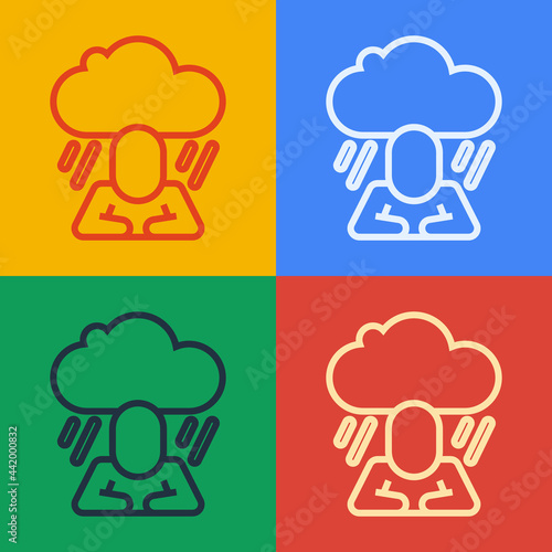 Pop art line Depression and frustration icon isolated on color background. Man in depressive state of mind. Mental health problems. Vector
