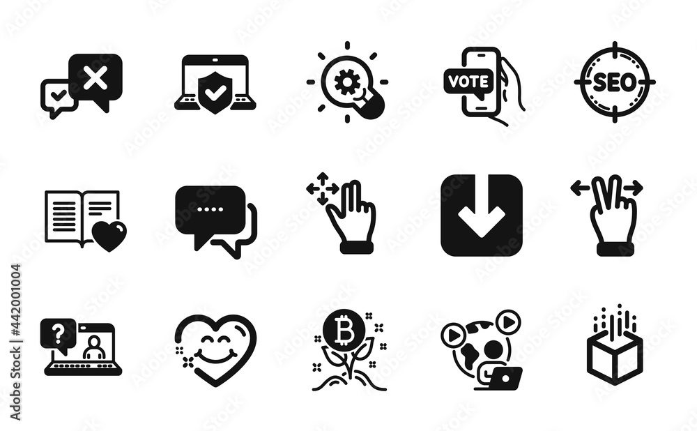 Vector set of Seo, Laptop insurance and Online voting icons simple set. Faq, Message and Move gesture icons. Augmented reality, Video conference and Innovation signs. Seo simple web symbol. Vector Vector set of Seo, Laptop insurance and Online voting icons simple set. Faq, Message and Move gesture icons. Augmented reality, Video conference and Innovation signs. Seo simple web symbol. Vector