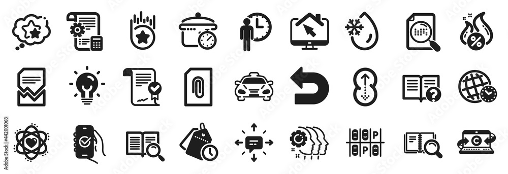 Set of Technology icons, such as Freezing water, Settings blueprint, Search book icons. Search file, Waiting, Time zone signs. Time management, Loyalty star, Approved app. Work home, Sms. Vector