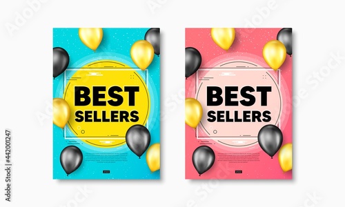 Best sellers text. Flyer posters with realistic balloons cover. Special offer price sign. Advertising discounts symbol. Best sellers text frame poster banners. Balloons cover. Vector
