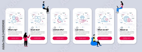 Vector Set of People icons related to Pets care, Disabled and Like icons. UI phone app screens with teamwork. Apartment insurance, Couple and International recruitment line symbols. Vector