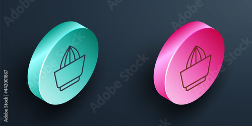 Isometric line Citrus fruit juicer icon isolated on black background. Turquoise and pink circle button. Vector