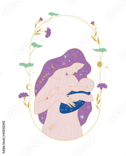 Accompagnement allaitement. Illustration vectorielle d'une mère avec son bébé dans les bras. Mère qui allaite son enfant et le serre dans ses bras. Câlin avec le nourrisson. 