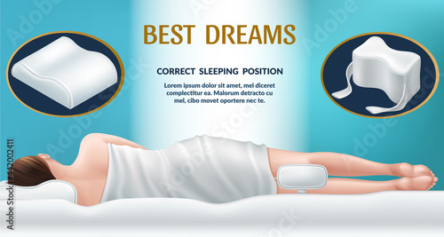 Advertising poster with orthopedic mattress and pillow for knees. Correct position for sleep, good dreams. Bedding with memory effect. Realistic 3d vector illustration.