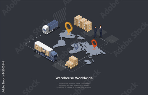 Cartoon Style 3D Illustration On Dark Background With Objects And Characters. Conceptual Isometric Vector Design. Warehouse Worldwide Production And Trade. Factory Business Process, Logistic Means