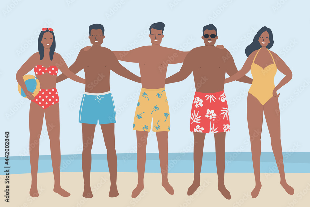 Obraz premium Young people in beach wear stand on the seashore. Young women and young men in swimsuits and swimming trunks are standing together. Friends in beach suits are standing and hugging. Vector