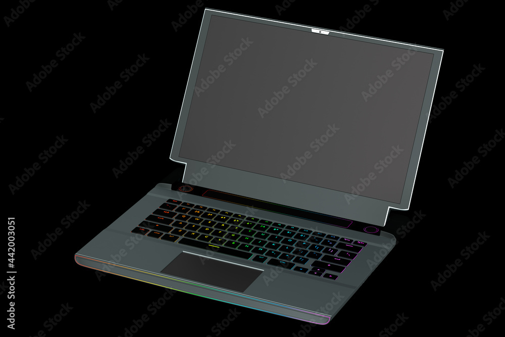 3d rendering of modern gaming colorful laptop on black background 3d rendering of modern gaming colorful laptop on black background
