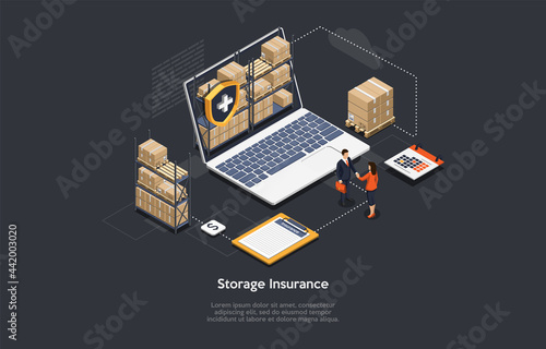 Safe Storage Insurance Contract Concept Vector Illustration With Writing. Isometric Composition, Cartoon 3D Style. Warehouse Goods Producing And Keeping. Businesspeople Shaking Hands, Business Deal.