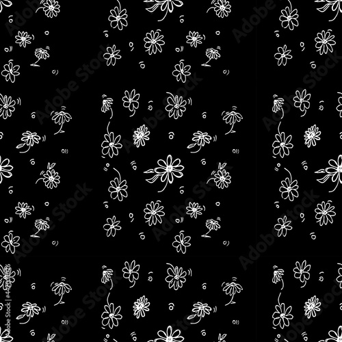 Seamless floral vector pattern. Doodle illustration with floral pattern on black background. Vintage floral pattern, sweet elements background for your project, menu, cafe shop. 
