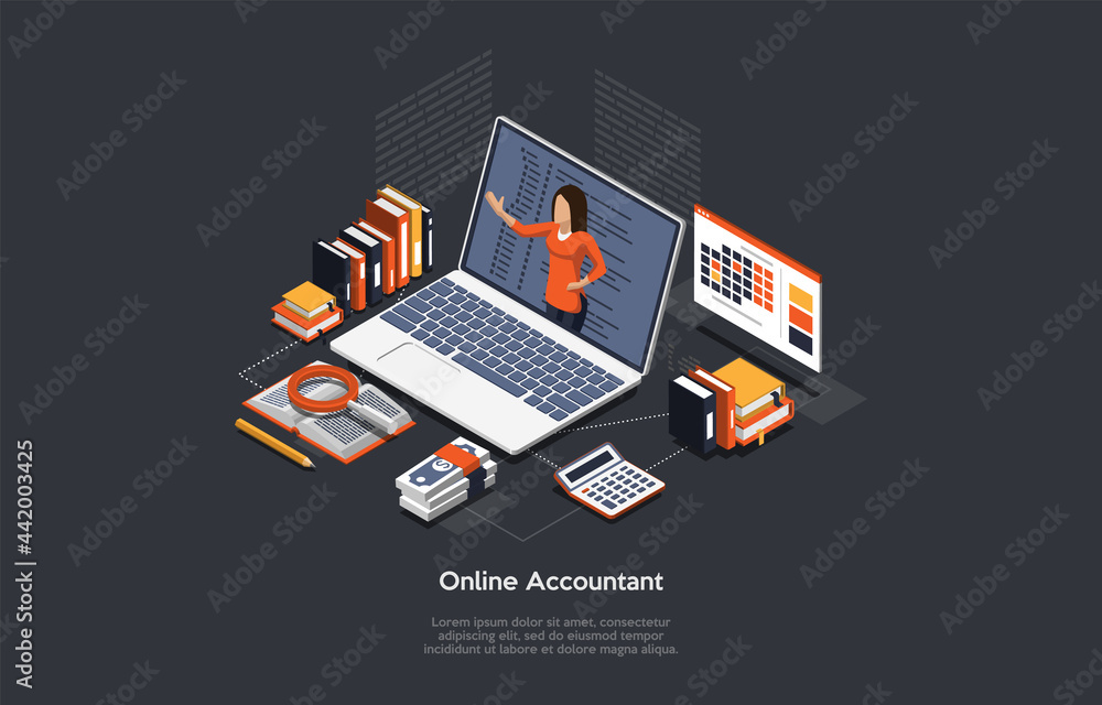 Vector Illustration On Online Money Accountant Service Concept. Isometric Composition, Cartoon 3D Style With Text, Characters And Objects. Financial Management Support. Customer Internet Help Process.